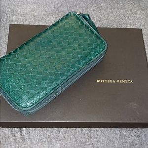 Hunter green Bottega Venetia zip around wallet